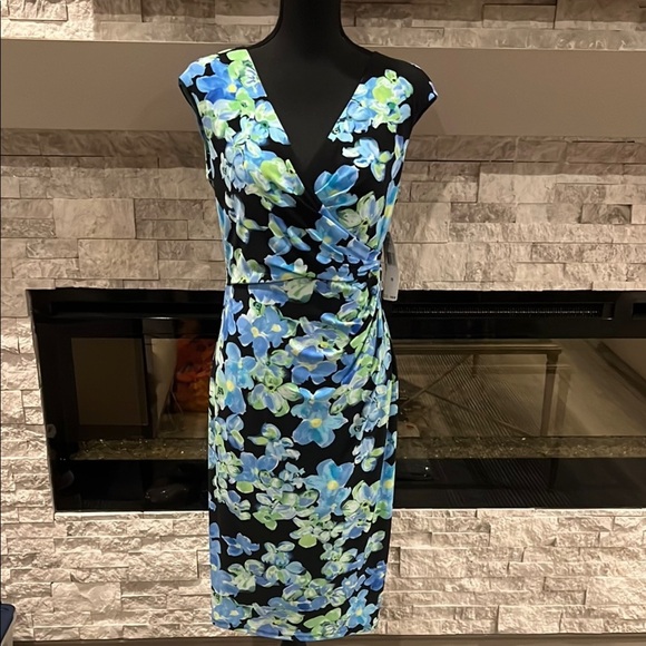NWT Lauren Ralph Lauren Blue floral V neck slipon Midi Dress side ruching sz 10 - Picture 1 of 16